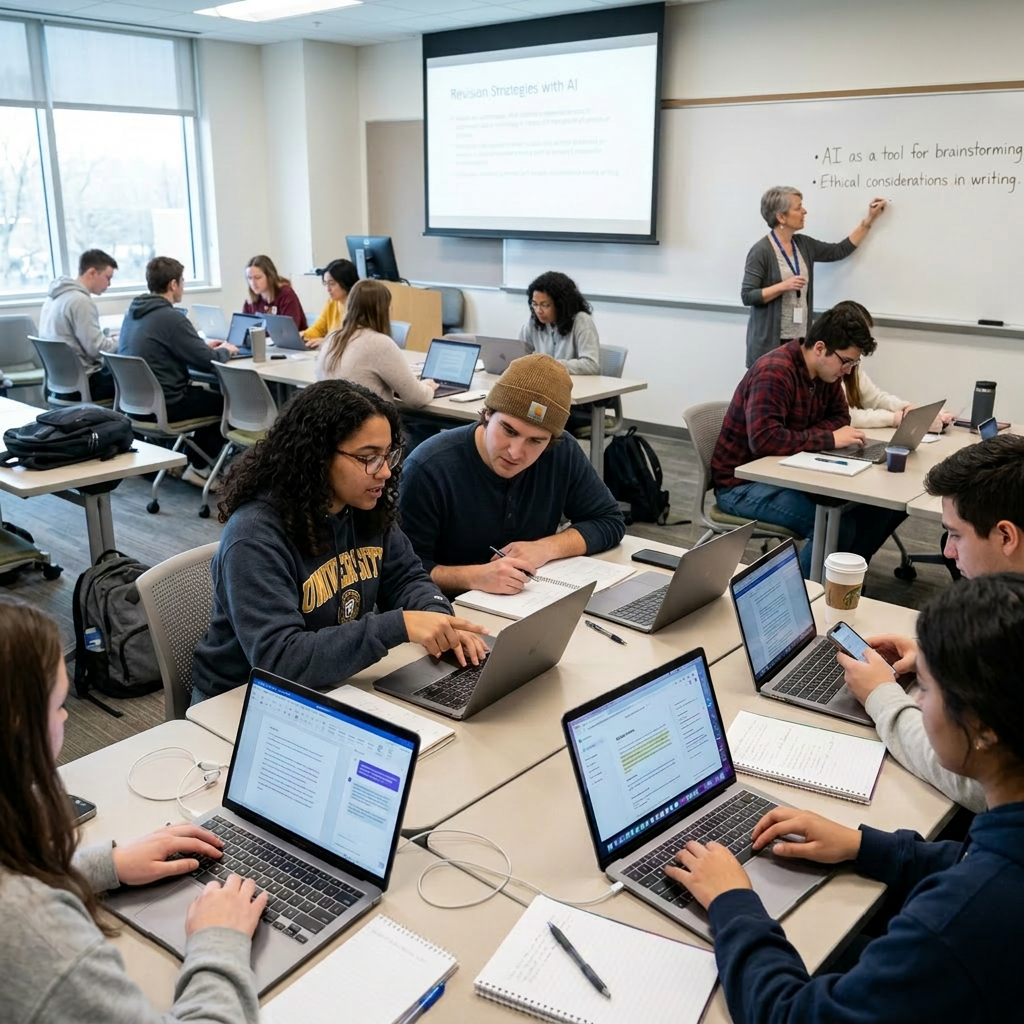 Students working on laptops in a classroom with teacher writing AI writing tips on whiteboard